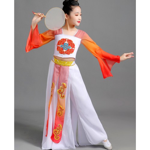 Children's red gradient color Chinese folk classical dance dreses Tang Dynasty princess queern dance costumes fan umbrella yangge dance clothes for kids